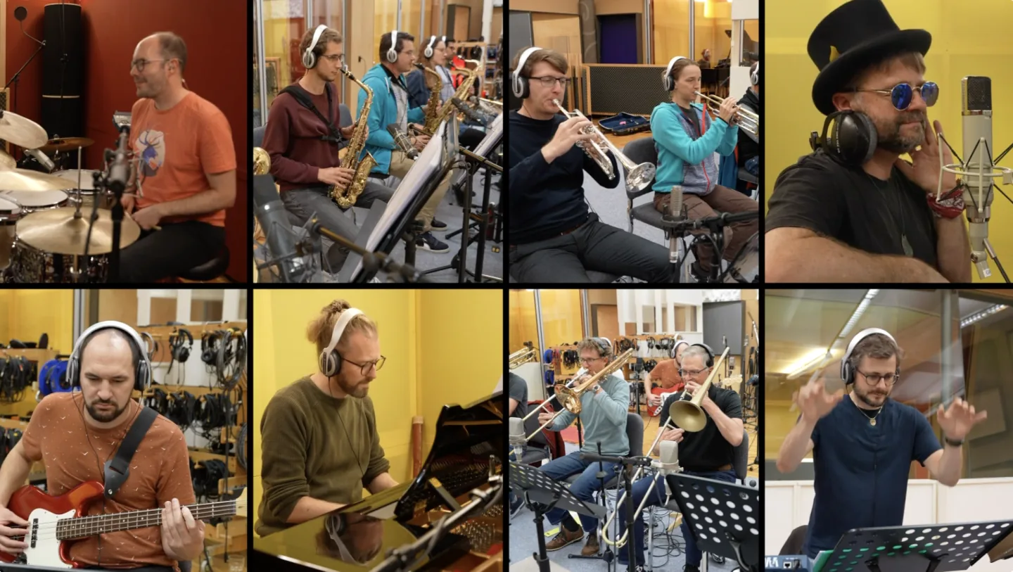 Collage von Musikern der FidelisBigBand im Studio